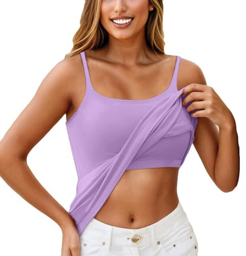 Built in Bra Tops Women,Cotton Vests for Women,Womens Cotton Camisole Sleeveless Cami Vest Top Yoga Tank Tops Cami Top with Built in Padded Bra,Purple,M