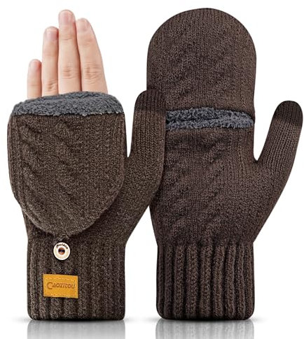 CAOZITOU Handschuhe Herren Damen, Thermo Winterhandschuhe Fingerlos, Warme Weiche Touchscreen Strickhandschuhe Winter Outdoor Fingerhandschuhe (Braun)