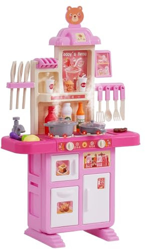 VEVOR Cocina de Juguete para Niños Cocinita Infantil Juguete de Simulación con Olla a Vapor Sonido Luz 48 Piezas de Accesorios de Cocina para Niños, Preescolares, Niños de 3 a 5 Años, Rosa
