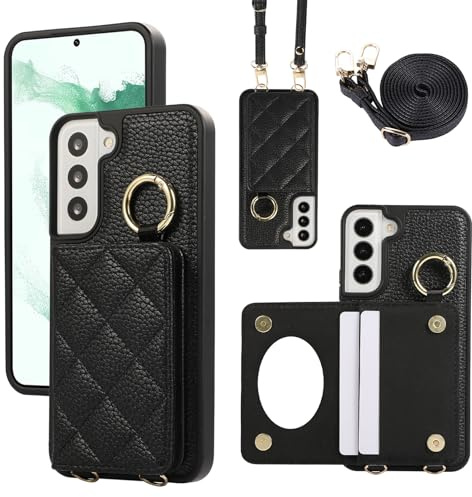 YDIJCYAN Handyhülle für Samsung Galaxy S22 Hülle mit Band+Ring+Schminkspiegel Stoßfest Handy Schutzhülle (Schwarz)