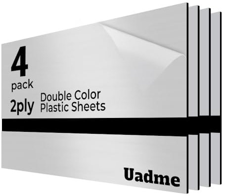 Uadme Placa Acrilico Corte Laser, 4 Hojas de Plástico ABS, Placa de Grabado Láser de Doble Color, 20x30 cm para Grabado Láser,Placa de Plástico Personalizadas a Medida (Negro sobre plata espejo)