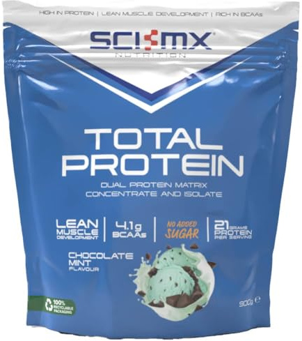 SCI-MX Total Protein - Concentrate & Isolate Protein Powder - Lean Muscle Development - Chocolate Mint • No Added Sugar • 4.2g BCAAs + 21g Protein per Serving • 900g