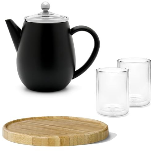 Doppelwandige Mini Teekanne 0.5 Liter schwarz - matte Edelstahlkanne Set mit braunem Holz-Untersetzer & 2 isolierende Teegläser je 290 ml