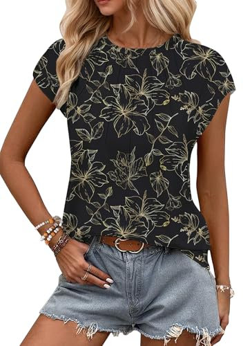 WNEEDU Tank Top Damen Sommer Kappenärmel T-Shirts Lässige Oberteile Elegent Rundhals Plissiertes Bluse Schwarzes Blattgold XL