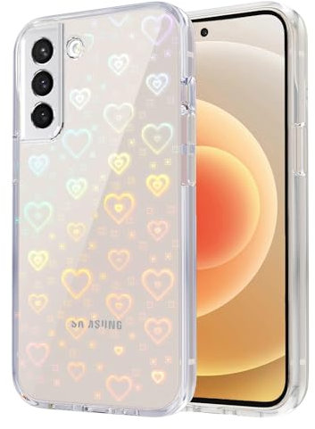 Riccase for Samsung Galaxy S21 Case, Clear Cute Glitter Holographic Heart Phone Case for Girls Women, Anti-Yellow Protective Hard PC Cover Soft Silicone Frame for Samsung S21, Rainbow Heart