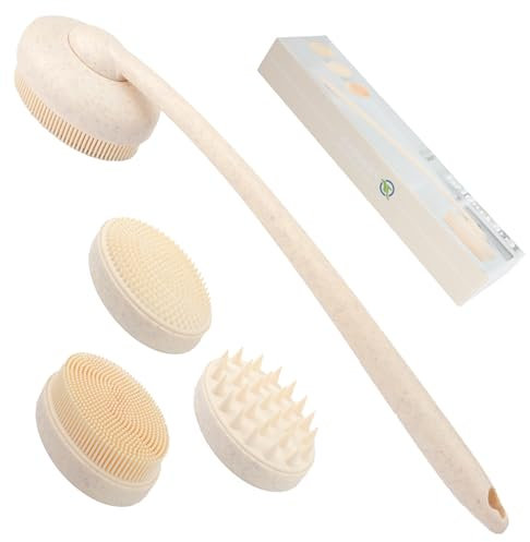 FREATECH Brosse à Dos en Silicone 3 en 1 avec Long Manche Courbé et 3 Brosses Amovibles, Bain Douche Nettoyage Corporel Exfoliante Massage du Cuir Chevelu, Hygiénique et Durable
