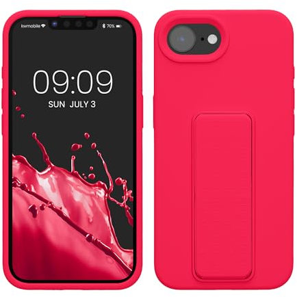 kwmobile Case Compatible with Apple iPhone 16e - Case with Hand Strap and Stand Soft TPU Silicone Coating - Neon Pink