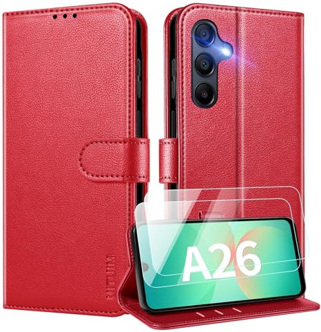 UITUIM Coque pour Samsung Galaxy A26 5G Coque Etui Portefeuille Cuir avec 2 Verre Trempé Protection Écran Porte Carte Rabat Clapet Flip Case Étui Cover Housse Etui pour Samsung Galaxy A26 5G,Rouge