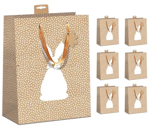 PremiumLine Ostertüten Kraftpapier 6 Stück | Geschenktüte Ostern aus recyceltem Kraftkarton mit Baumwollband | DIN A4 Geschenktasche Osterhase, Large 26x32x12cm | Skorpion Papeterie