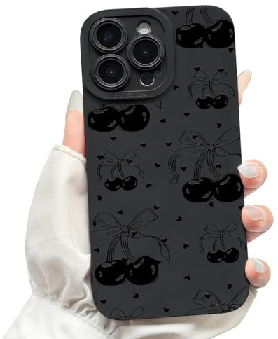 NITITOP Compatible with iPhone 13 Pro Max Case Cute Bowknot Cherry Pattern Little Heart for Women Girl Soft TPU Shockproof Protective Phone Cover Girly - Black