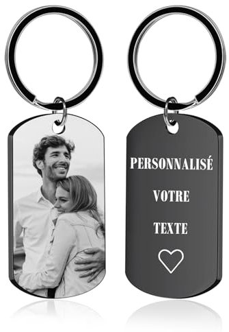 Porte Clef Personnalisable avec Photo - Porte Clé Personnalisé de Gravure Texte et Image Cadeau en Acier Inoxydable pour Homme, Femme, Couple, Amis et Famille (Gris)