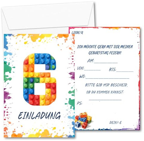 12x 6. Geburtstag Baustein Einladungen Kindergeburtstag Mädchen und Junge, Blocks Einladungskarten inkl. 12 Briefumschlägen, Witzige Baustein Geburtstag Einladungen für die Geburtstagsfeier (6)