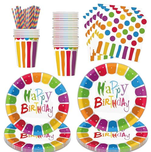 125 Pieces Rainbow Paper Plates Birthday Party Tableware Set, Disposable Cutlery Set Includes Coloured Paper Plates and Napkins Cups Straws for Kids Birthday Party Decorations - 25 Guests