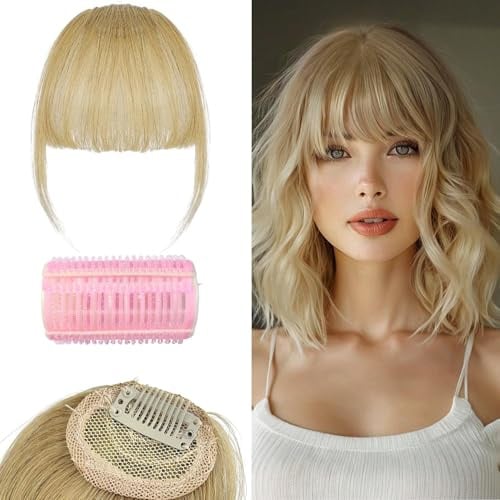 100% Echthaar-Clip-in-Pony für Damen – Natürlicher Look mit Pony, Schläfen, feinem oder geschwungenem Pony (Aschgold)