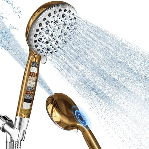 Duschkopf, Goldfarbener Hochdruck-Duschfilterkopf, 7 Spray, integrierter Pause-Modus & Power-Wash, nicht verstopfende Düsen, 149,9 cm Schlauch und Halterung, entfernen Chlor für hartes Wasser