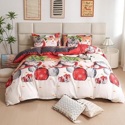 DreamNights X-Mas Duvet Quilt Cover & Pillowcase Bedding Set Multi-Colour Gift Presents for your Loved Ones Easy Care, Modern Duvet Cover Set Luxury Bedding Sets (Christmas Cats, King)