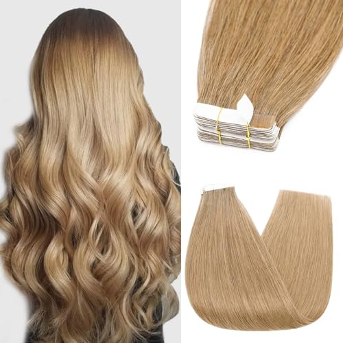 Silk-co Tape Extensions Echthaar 10 Stück 25g, Remy Tape in Extensions Haarverlängerung, Skin Weft Echthaar Haarextensions für dünnes Haar 55cm #27 Dunkelblond