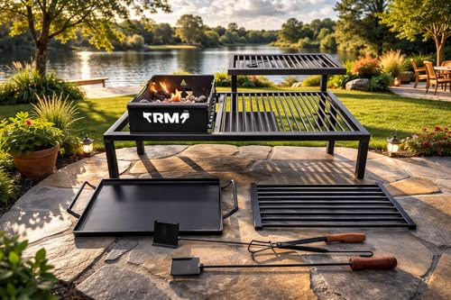 Parrilla argentina de lujo con módulos de hierro extraíbles - Parrilla Argentina de hierro - BBQ Parrilla Asado + brasero + herramientas de fuego - Tamaño 61 x 41 cm