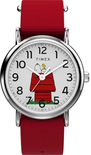 Timex Men's Peanuts x Weekender Snoopy Dog House 38 mm Watch - Red Fabric Strap with White Dial and Silver-Tone Case TW2Y31200