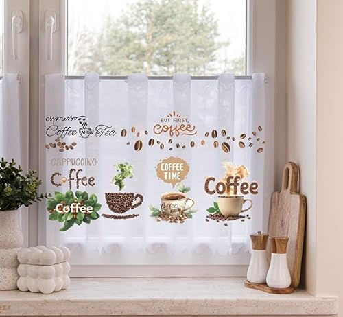 Gardinen Vorhangen Weiß Jacquard 100x40 cm (BxH) Scheibengardine Kaffee Motiv Küchengardine Bistrogardine Kurzstore Mit Schlaufen Fensterdeko Küche Coffee Design