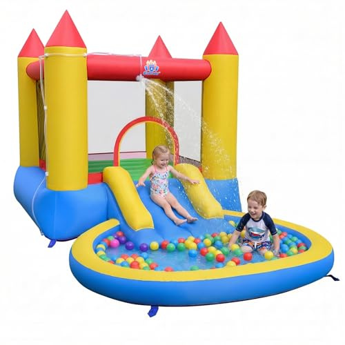 COSTWAY Castillo Hinchable para Niños, Parque Acuático Infantil con Zona de Saltos, Tobogán, Piscina de Chapoteo y Bolas, Casa de Juegos para 3-12 Años Jardín Patio (sin soplador)