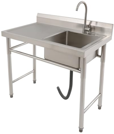 Bdneygtyr Lavandino da cucina, freestanding in acciaio inox Gastro 1 bacino, lavello in acciaio inox, Lavelli commerciali con rubinetto acqua fredda e calda tubi per lavanderia, fattoria