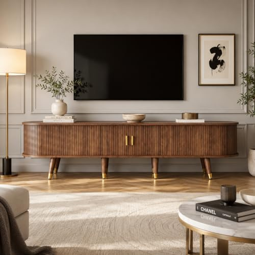 OLIVIBED TV Stand Cabinet with 2 Doors and 2 Drawers, elevision Console Table for TVs up to 70 inch, Modern Entertainment Cabinet with Storage for Living Room, Office and Bedroom, Wood color