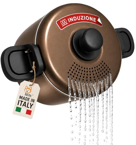 Akitaink Pentola Scolì 22 cm 5,7 L con Coperchio Scolapasta e Maniglie Autobloccanti, Antiaderente, per Induzione