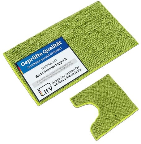 WohnDirect Badematten & Badteppiche Set 2 teilig Grün • WC Vorleger mit Ausschnitt 45x45cm + Badematte rutschfest 70x120cm groß • Badvorleger rutschfest waschbar • Badezimmerteppich ÖkoTex