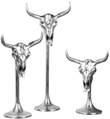 Stierkopf Bulle Schädel Stier Bullenschädel Geweih Hörner Dekoration Silber Aluminium - Deko Modern aus Metall - Für Wohnzimmer, Schlafzimmer oder Badezimmer - Größe: S, M oder L (57 x 23 x 14 cm)
