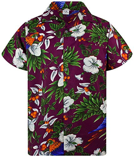 King Kameha Funky Chemise-Hawaienne, Manche-Courte, Cherry-Parrot, Rouge-Bordeaux, XXL