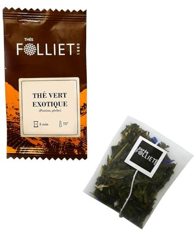 CAFÉS FOLLIET - Thé Vert - Exotique - Fruit de la passion & Pêche - Fleur de tournesol - Antioxydant - Sachets d'origine végétale - 24 Sachets