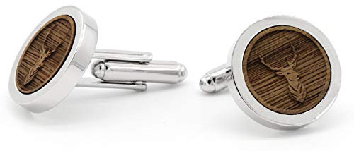 NaturSchatulle Manschettenknöpfe Herren Holz 3D Gravur Hirsch | 1 Paar Silber Manschettenknopf Rund Hochzeit Anzug Männer Cufflinks for Men