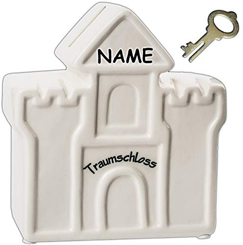 alles-meine.de GmbH große Spardose - Traumschloss/Traumhaus - inkl. Name - mit Schlüssel und Schloss - stabile Sparbüchse - aus Porzellan/Keramik - Verschluss - Sparschwein -..