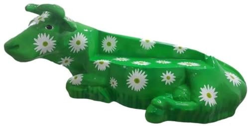 Casa Padrino Designer Sitzbank Kuh mit Blumen Design Grün/Weiß 200 x H. 98 cm - Wetterbeständige Kuh Skulptur Gartenbank - Garten & Terrassen Deko Accessoires