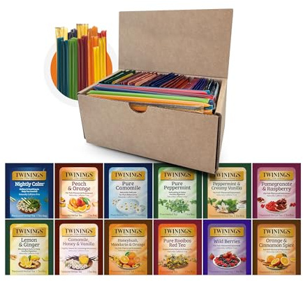 Twinings 48 Tea Bags Herbal Variety Pack – 12 Caffeine-Free Flavors + 20 Honey Sticks, Relaxing Herbal Tea Gift Set for Tea Lovers, Bedtime & Daily Wellness
