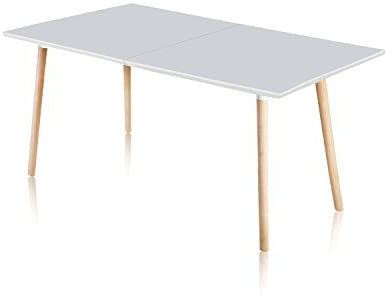 Nordika, Mesa Extensible, Mesa Comedor Rectangular, Salon o Cocina, Acabado en Blanco y Haya, Medidas: 140-180-220 cm (Largo) x 90 cm (Ancho) x 76 cm (Alto)