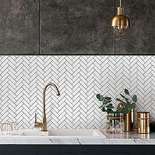 Floor Wall Tile Transfers Sticker for Home Decor, Peel & Stick self-Adhesive splashback, Tile Decals for Living Room Kitchen Bathroom Decor, 20X20cmX 10 Pcs, White and Black Line Tile Sticker