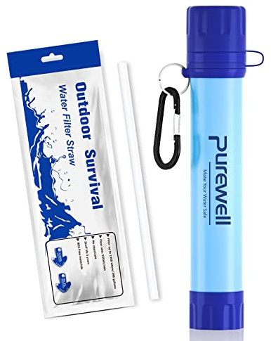 Purewell Outdoor-Wasserfilter – 0,01 μm Ultrafeinfilter entfernt 99,99% Bakterien & Schwermetalle | 1500 Litern Filterkapazität | Tragbarer Trinkwasserfilter mit Karabiner für Survival & Outdoor