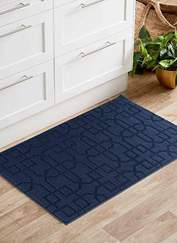 IVY Washable Door Mat Kitchen Mats Non Slip Cubed Trellis Design Kitchen & Hall Runners Doormats, Navy, 60x110 cm