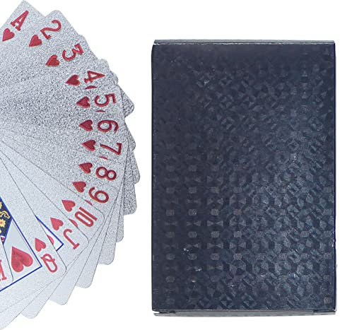 Cartas de póquer de plástico impermeables para juegos familiares, regalos de fiesta (negro y plata)
