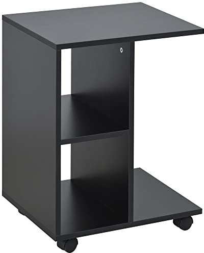 HOMCOM Tavolino da Salotto a C con 2 Ripiani Aperti e 4 Ruote Girevoli, in Truciolato, 45x35x58cm, Nero
