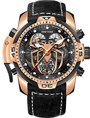 REEF TIGER High-End leuchtende Sport Automatikuhr Spinne Zifferblatt mit Jahr Monat Ewiger Kalender Leder Mechanische Uhren RGA3532SP (RGA3532SP-PBB)