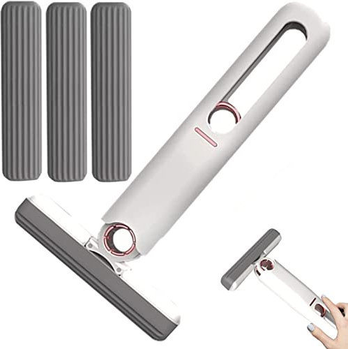 Mini mopa portátil, mini mopa autolimpiante, mini mopa autolimpiante, lavable a mano, mini mopa para limpieza de escritorio, para baño, cocina, vajilla(3 cabezales + 1 mango exprimidor)