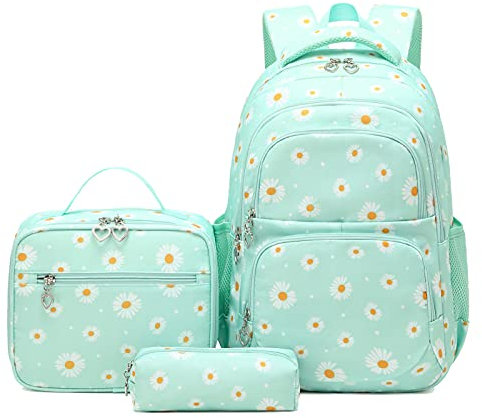 SIVENKE Juego de mochila escolar con estampado de margaritas, bolsa de almuerzo, estuche para lápices, 3 piezas, para adolescentes, niñas, niños, primaria, secundaria, resistente al agua, ligera,