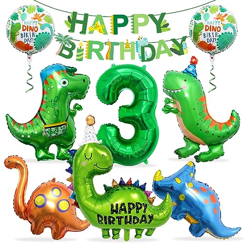 Dino Geburtstag Deko 3 Jahre, Folienballon Dinosaurier mit Happy Birthday Girlande, Dino Luftballons Geburtstag 3, Dinosaurier Ballon 3, Dinosaurier Luftballon Helium, für Kindergeburtstag Party