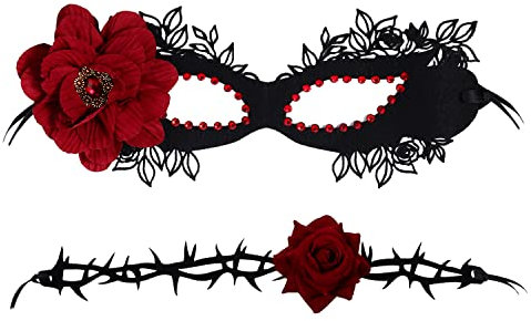 JewelryWe Schmuck 2pcs Maske Choker Halskette Set Damen Schwarz Gothic Spitze Maskerade Augenmaske mit Rot Rose Blume Venezianische Maske Halsband Kropfband Kette Kostüm für Halloween Cosplay