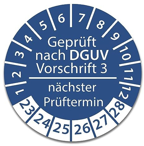 Prüfplakette DGUV V3 Nächster Prüftermin E-Check Elektro - 2023-2028 - Wasserfest/UV-Schutz - 30mm Plakette für Tritte Leitern Feuerlöscher Maschinen (DGUV V3 - Blau, 1.000 Stk.)
