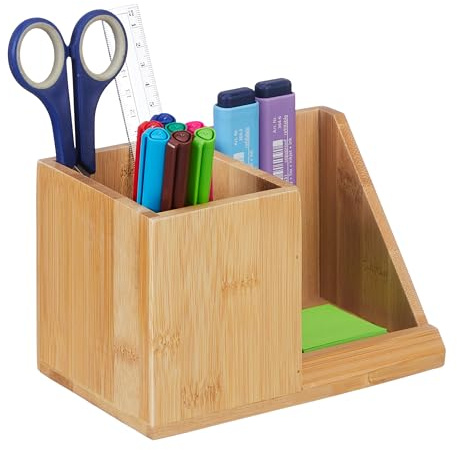Relaxdays Schreibtisch Organizer, Bambus, 2 Fächer, für Bürobedarf & Kosmetik, Stiftebox, HBT: 10,5x17,5x10,5 cm, natur