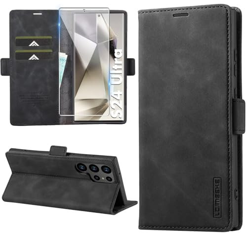 Cover per Samsung Galaxy S24 Ultra con 1 Vetro Temperato, Custodia Flip in Pelle per Samsung Galaxy S24 Ultra, Caso in PU Pelle Premium Portafoglio Custodia Chiusura Magnetica, Kickstand, Nero